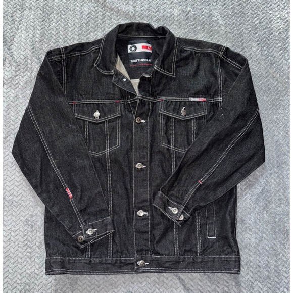 Southpole Denim Jacket Black Wash‎ Contrast Stitching Retro Style Y2K Sz Large